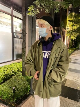 「plain-me（プレインミー）のアイテム（帽子）」を使った、Ryan Hsuさん（メンズ・170cm）の春コーディネート