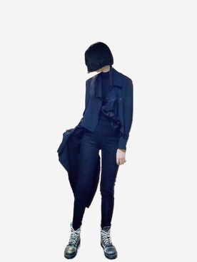 「Yohji Yamamoto（ヨウジヤマモト）のアイテム（ライダースジャケット）」を使った、圭さん（レディース・174cm）の冬コーディネート