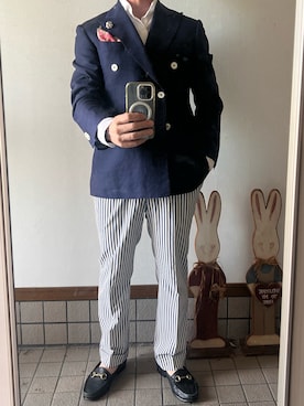 「オーダーサロンタナカのアイテム（テーラードジャケット、ブルー系）」を使った、michi-michiさん（メンズ・165cm）の夏コーディネート