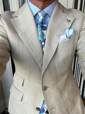 「永島服飾のアイテム（ネクタイ、ブルー系）」を使った、michi-michiさん（メンズ・165cm）の春コーディネート