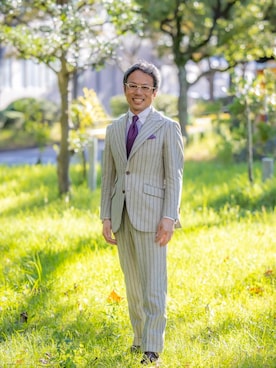「アイテム（ポケットチーフ、パープル系）」を使った、michi-michiさん（メンズ・165cm）の秋コーディネート