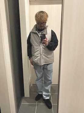「Rocky Monroe（ロッキーモンロー）のオーバーサイズハイネックファイバーダウンベスト（ダウンベスト）」を使った、🌈hisanistaさん（メンズ・170cm）の冬コーディネート