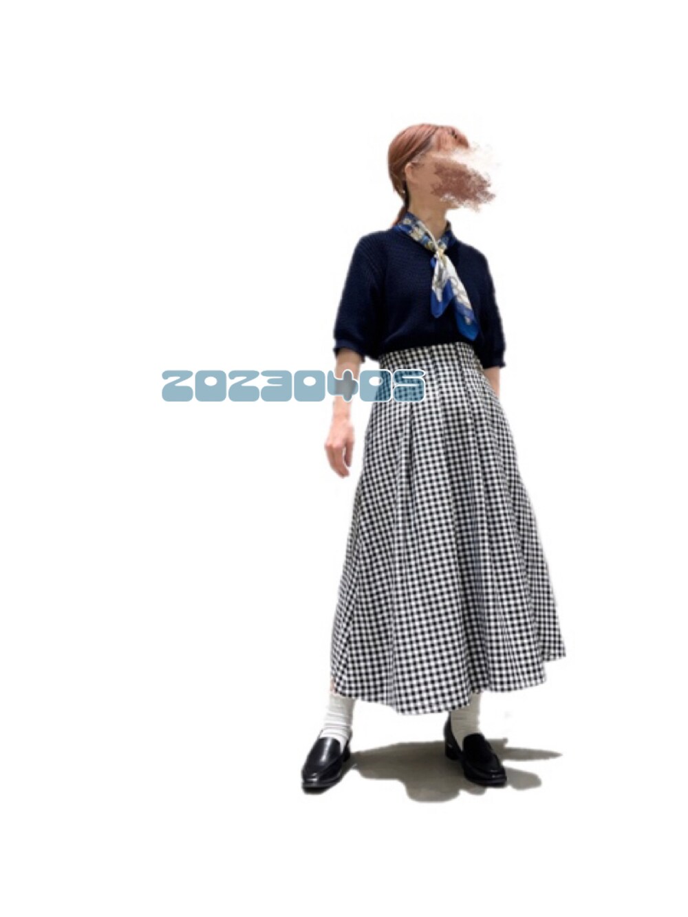 「テチチテラス、Techichi TERRASSE、低身長、ギンガムチェック、フレアスカート、きれいめカジュアル、マリン、ニット、レトロ、フレンチガーリー、初夏コーデ」｜「Te chichi TERRASSEのギンガムチェックスカート（スカート、ブラック系）」を使った、ふじあゆ٩( ᐖ )۶さん（レディース・149cm）の春コーディネートの1枚目の写真