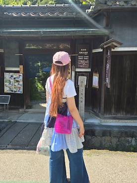 「アイテム（キャップ、ピンク系）」を使った、ともえさん（レディース・158cm）の夏コーディネート