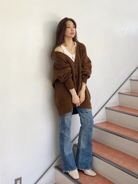 「リメイクデニム」｜「アイテム（カーディガン/ボレロ）」を使った、長谷千沙さん（レディース・159cm）の秋コーディネート