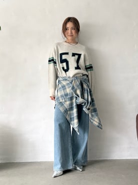 「Ungrid（アングリッド）のロゴアソートルーズニット（ニット/セーター、ホワイト系）」を使った、長谷千沙さん（レディース・159cm）の秋コーディネート