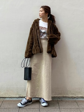 「アイテム（その他アウター、ブラウン系）」を使った、長谷千沙さん（レディース・159cm）の秋コーディネート