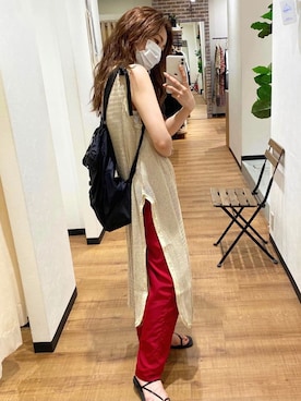 「Ungrid（アングリッド）の【WEB限定】ナイロンカラーテーパードパンツ（その他パンツ）」を使った、長谷千沙さん（レディース・159cm）の夏コーディネート