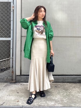 「Ungrid（アングリッド）のイーグルプリントTee（Tシャツ/カットソー）」を使った、長谷千沙さん（レディース・159cm）の春コーディネート