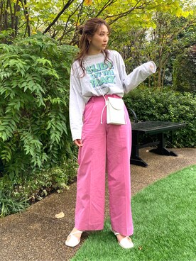 「Ungrid（アングリッド）のロゴロングスリーブTee（Tシャツ/カットソー）」を使った、長谷千沙さん（レディース・159cm）の冬コーディネート