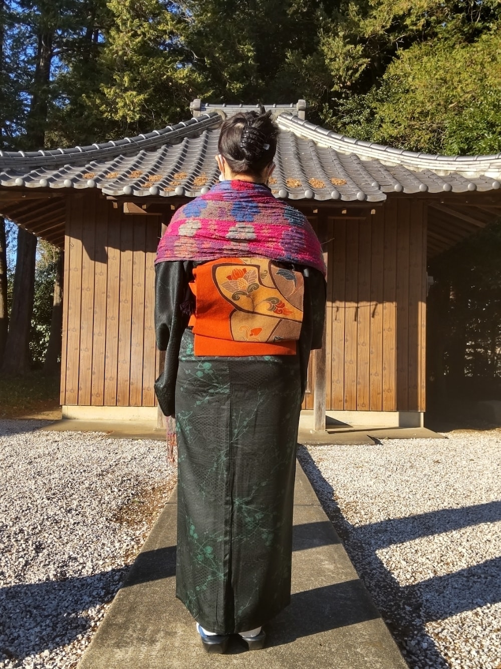「和洋折衷、和洋ミックス、正月コーデ、小紋、名古屋帯、ショール、草履、レース足袋」｜「前むきVer.のアイテム（その他、その他）」を使った、るふなさん（レディース・152cm）の冬コーディネートの1枚目の写真