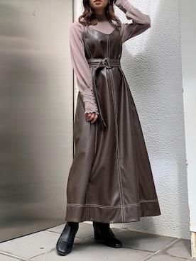「レザーワンピース」｜「アイテム（ブーツ）」を使った、mikiさん（レディース・153cm）の秋コーディネート