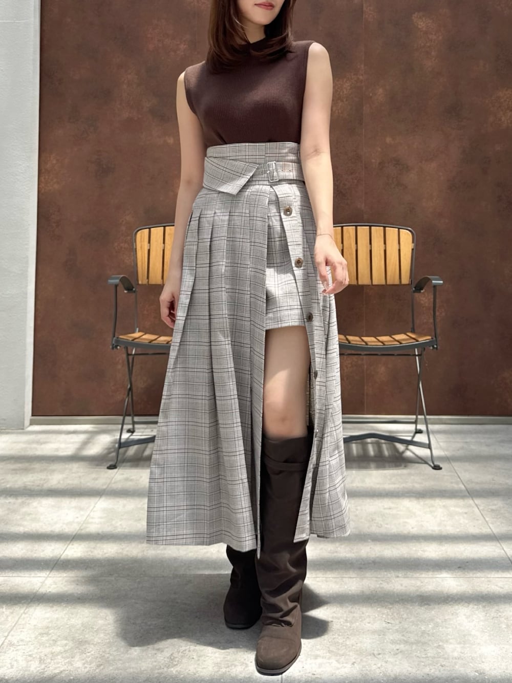 「レイヤード、レイヤードスタイル、レイヤードコーデ、レイヤード風、スカート、スカートスタイル、スカートコーデ、スカートパンツ、パンツスカート」｜「dazzlinのパンツレイヤードプリーツスカート（スカート、その他）」を使った、mikiさん（レディース・153cm）の夏コーディネートの1枚目の写真