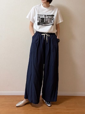 「BONLECILL（ボンルシール）の【速乾/洗える】【セットアップ可能】リネンブレンドタックシアーパンツ（その他パンツ、ブルー系）」を使った、ちいさん（レディース・170cm）の春コーディネート