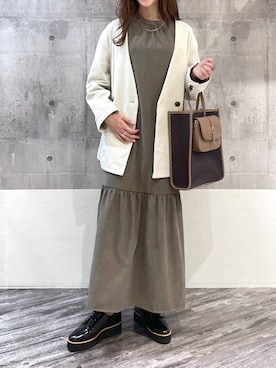 「mysty woman（ミスティウーマン）のアイテム（ノーカラージャケット）」を使った、meaningさん（レディース・157cm）の秋コーディネート