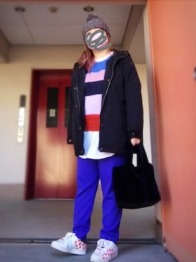 「しまむら（シマムラ）のアイテム（ニットキャップ/ビーニー）」を使った、ぴよりあさん（レディース・155cm）の冬コーディネート
