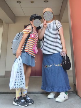「14+（イチヨンプラス）のアイテム（帽子）」を使った、ぴよりあさん（レディース・155cm）の夏コーディネート