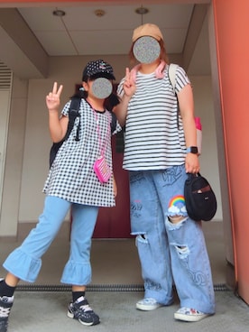 「ボーダートップス」｜ぴよりあさん（レディース・155cm）の夏コーディネート
