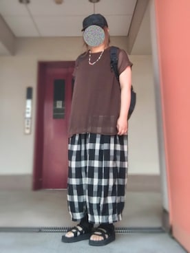 「14+（イチヨンプラス）のアイテム（帽子）」を使った、ぴよりあさん（レディース・155cm）の夏コーディネート