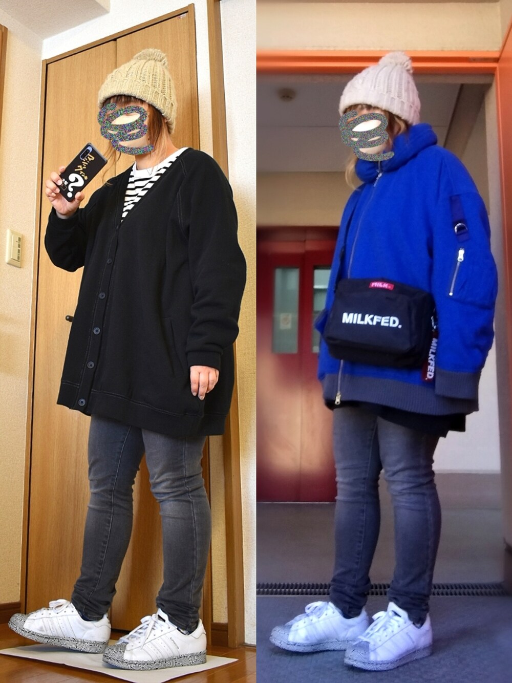 ブラック系のカーディガン/ボレロ、グレー系のデニムパンツ、ブラック系のショルダーバッグを着用したレディースの冬コーディネートの1枚目の写真