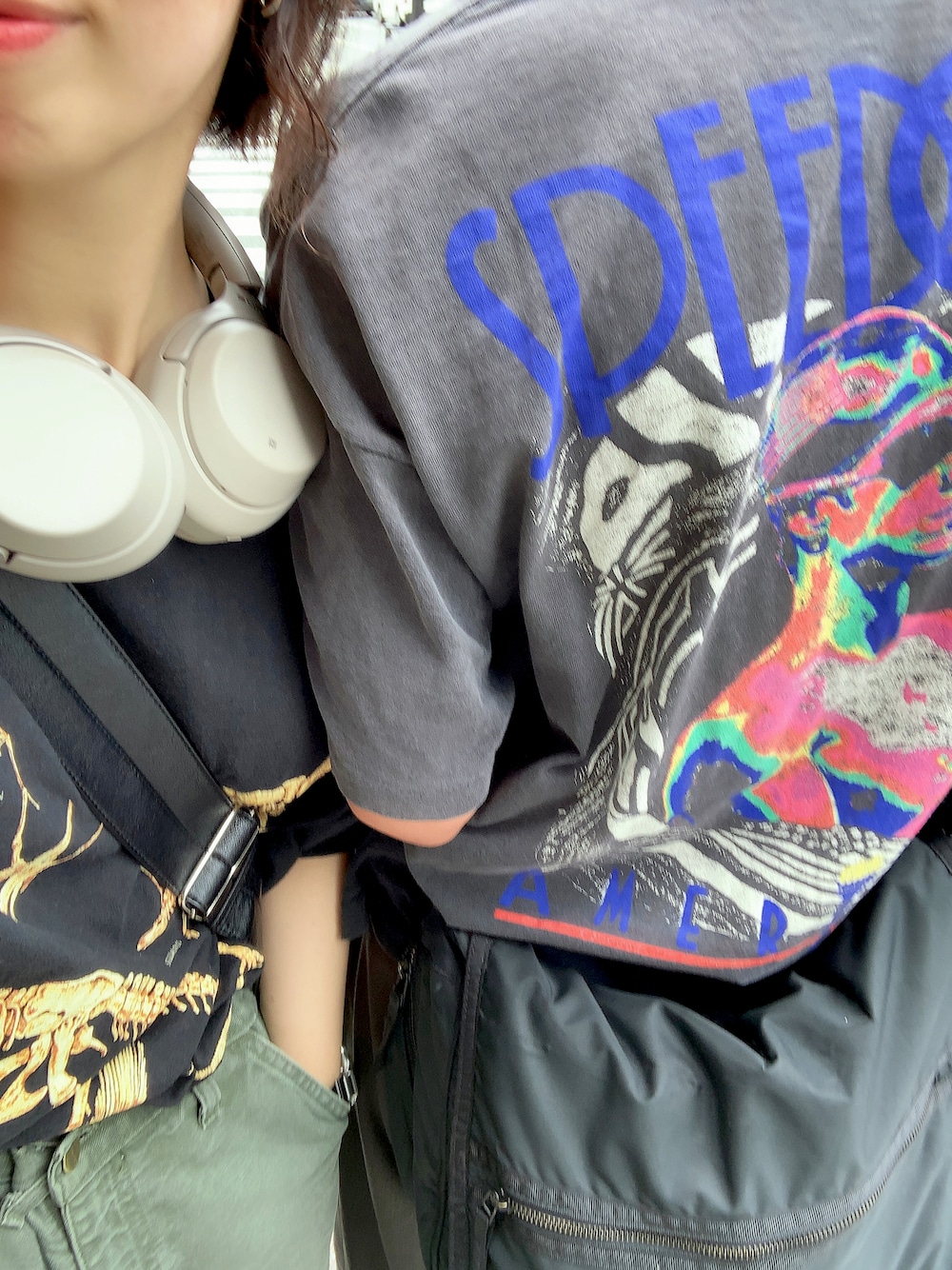 「夏、大人コーデ、バンドカラーシャツ、carhartt、vintage、古着、古着好きな人と繋がりたい、おしゃれさんと繋がりたい、カップルコーデ」｜「Carharttのアイテム（デニムパンツ、グリーン系）」を使った、ミカンさん（レディース・157cm）の夏コーディネートの1枚目の写真