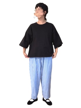 「ストライプパンツ」｜「アイテム（ハンチング/ベレー帽）」を使った、misakiさん（レディース・162cm）の夏コーディネート