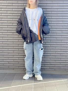 「巾着バッグ」｜「アイテム（MA-1）」を使った、nenekokoさん（レディース・163cm）の冬コーディネート