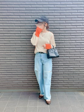 「VENCEEXCHANGE（ヴァンスエクスチェンジ）のサイドスリットワイドデニムパンツ（デニムパンツ）」を使った、nenekokoさん（レディース・163cm）の夏コーディネート