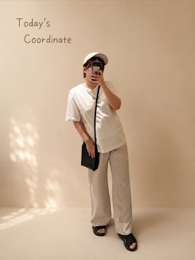 「パシオスのストライプセットアップ（その他、ベージュ系）」を使った、asu🍋(復活)さん（レディース・152cm）の夏コーディネート