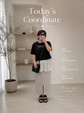 「LUDIC PARK（ルディックパーク）のショート丈ロゴT（Tシャツ/カットソー、ブラック系）」を使った、asu🍋(復活)さん（レディース・152cm）の夏コーディネート