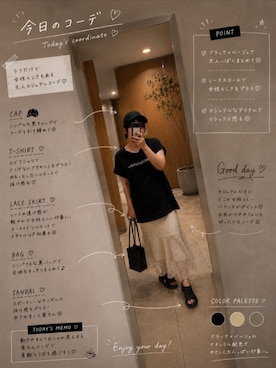 「coen（コーエン）のルージーロゴTシャツ（Tシャツ/カットソー、ブラック系）」を使った、asu🍋(復活)さん（レディース・152cm）の夏コーディネート