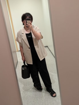 「パシオスのストライプセットアップ（その他、ベージュ系）」を使った、asu🍋(復活)さん（レディース・152cm）の夏コーディネート