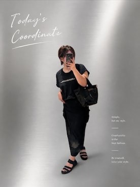 「coen（コーエン）のルージーロゴTシャツ（Tシャツ/カットソー、ブラック系）」を使った、asu🍋(復活)さん（レディース・152cm）の夏コーディネート