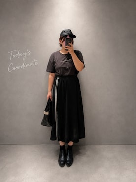 「不明のラインスカート（スカート、ブラック系）」を使った、asu🍋(復活)さん（レディース・152cm）の夏コーディネート