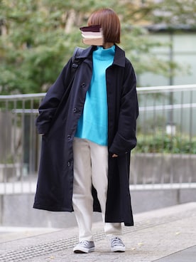 「ホワイトデニム」｜「アイテム（ステンカラーコート）」を使った、ぬこさん（レディース・153cm）の秋コーディネート