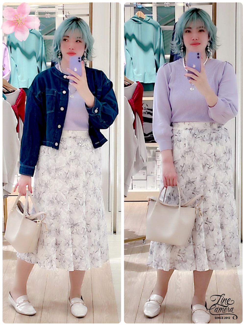 「春カラー、春コーデ、フェミニンコーデ、花柄スカート、デニムジャケット、おしゃれさんと繋がりたい、洋服好きさんこの指と〜まれっ☝️☺️」｜「anySiSのアイテム（ニット/セーター、パープル系）」を使った、YuRiさん（レディース・165cm）の春コーディネートの1枚目の写真