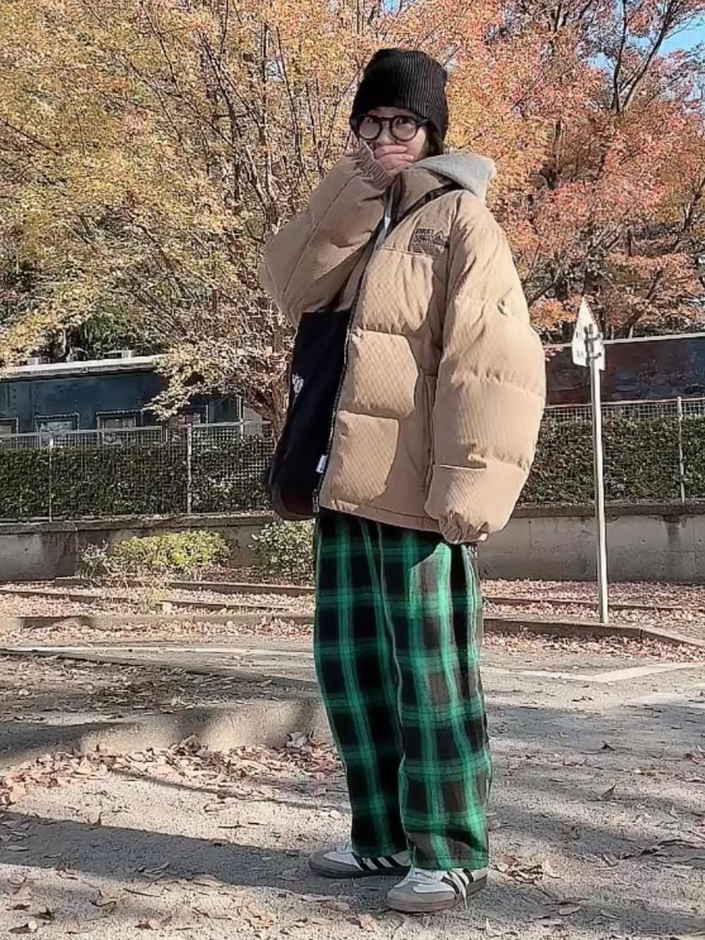 ベージュ系のダウンジャケット/コート、ブラック系のショルダーバッグ、グレー系のパーカーを着用したレディースの秋コーディネートの1枚目の写真