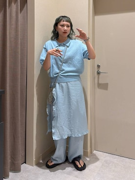 「LOWRYS FARM（ローリーズファーム）のブークレニットポロＳＳ 669414（Tシャツ/カットソー、ブルー系）」を使った、サトムラさん（レディース・163cm）の春コーディネート