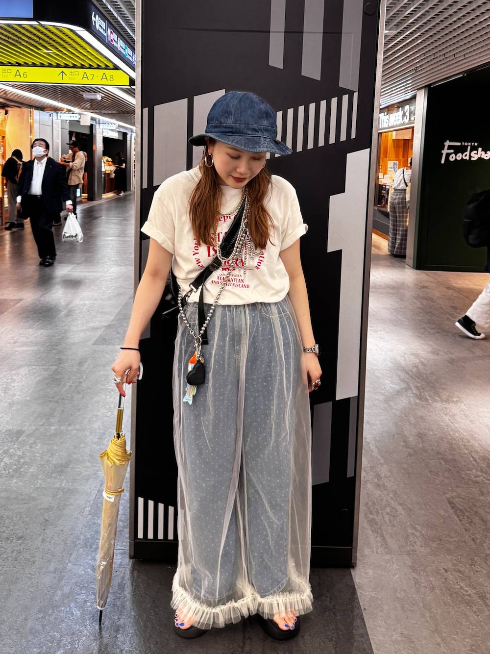 「着痩せ・細見え、若見え、個性派、着痩せ、カジュアル、LOWRYS FARM」｜「LOWRYS FARMのＥＶＡサンダル 102534（サンダル、ブラック系）」を使った、サトムラさん（レディース・164cm）の夏コーディネートの1枚目の写真