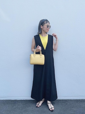 「ANGIE（アンジー）のリネンタッチVネックワンピース（ワンピース）」を使った、みっちゃんさん（レディース・154cm）の夏コーディネート