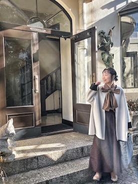 「ボウタイ」｜「アイテム（ノーカラージャケット）」を使った、みっちゃんさん（レディース・154cm）の冬コーディネート