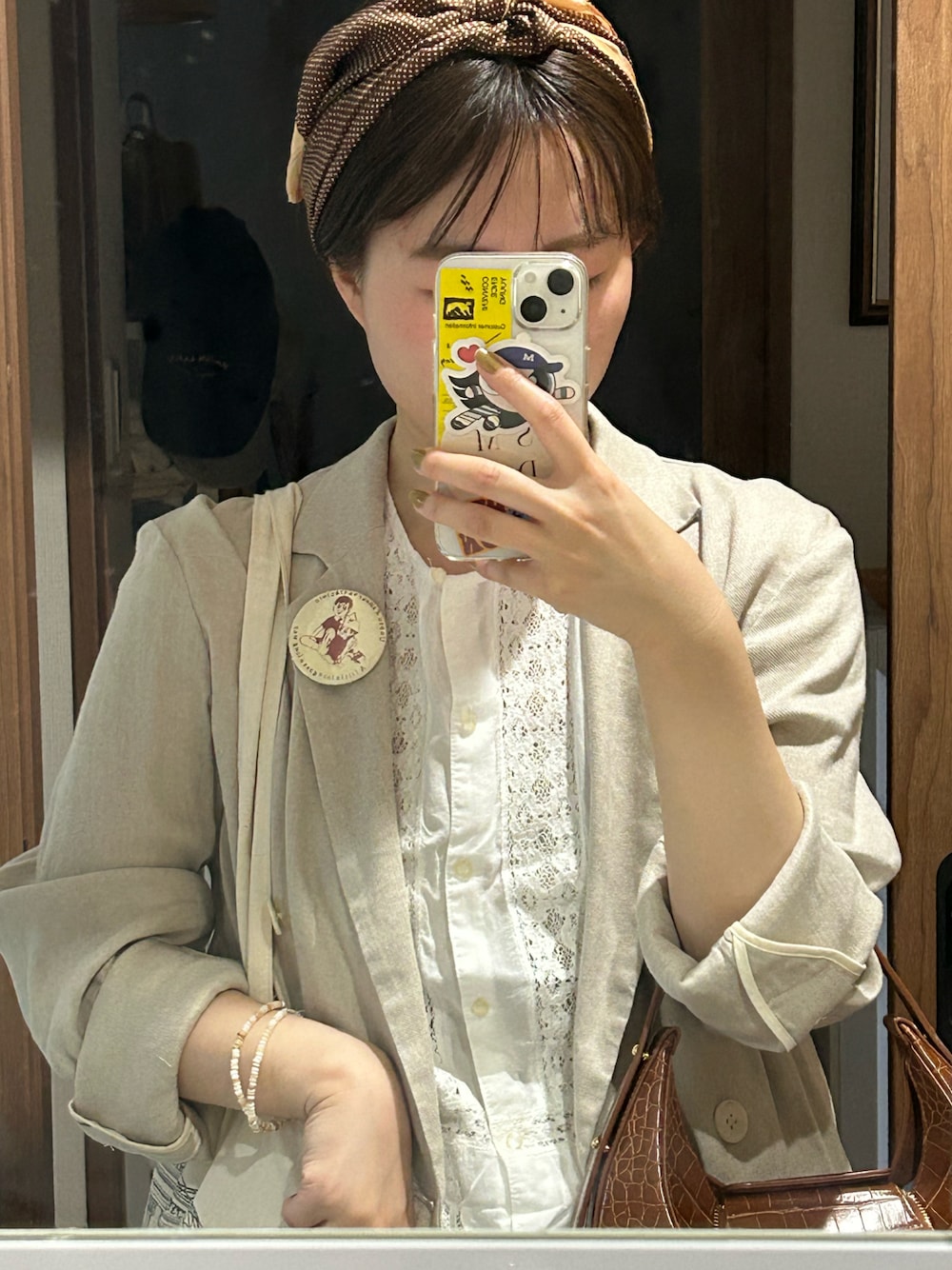 「古着」｜「SLOBE IENAのリネン混テーラードジャケット（テーラードジャケット、ベージュ系）」を使った、のんみちさん（レディース・158cm）の春コーディネートの1枚目の写真