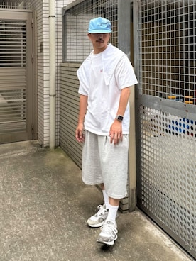 「NANAHACHI（ナナハチ）のワイド バミューダ スウェットパンツ 韓国風（スウェットパンツ）」を使った、　MATSU  MAKOTOさん（メンズ・160cm）の夏コーディネート