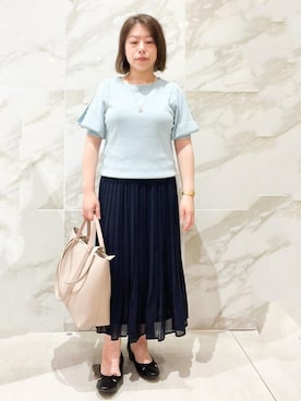 「index（インデックス）の《6色展開/XS-LLサイズ》ドライタッチ デザインスリーブニット【洗濯機洗い可/接触冷感/抗ピル】（ニット/セーター、グリーン系）」を使った、aayyuuttさん（レディース・143cm）の夏コーディネート