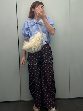 「HELLO.SANFRANCISCO（ハローサンフランシスコ）の【HELLO.SANFRANCISCO】ドット柄フリルポケットボリュームパンツ（スウェットパンツ、ブラウン系）」を使った、yktnさん（レディース・167cm）の夏コーディネート