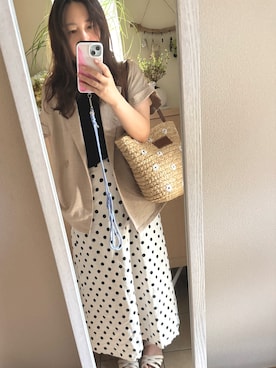 「moment+（モーメントプラス）のかごバッグ（かごバッグ、ブラウン系）」を使った、yati918さん（レディース・154cm）の夏コーディネート