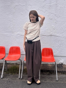「select MOCA（セレクトモカ）のパイルボーダーTシャツ（Tシャツ/カットソー、ベージュ系）」を使った、noaさん（レディース・163cm）の夏コーディネート