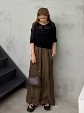 「select MOCA（セレクトモカ）のシアーサマーシンプルポロニット（ニット/セーター、ブラック系）」を使った、noaさん（レディース・163cm）の夏コーディネート