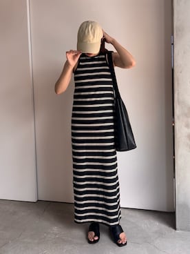 「select MOCA（セレクトモカ）のカップ付きボーダーノースリーブワンピース（ワンピース、ブラック系）」を使った、noaさん（レディース・163cm）の夏コーディネート