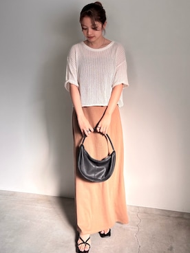 「select MOCA（セレクトモカ）のリネンタッチメッシュニットトップス（ニット/セーター、ホワイト系）」を使った、noaさん（レディース・163cm）の夏コーディネート